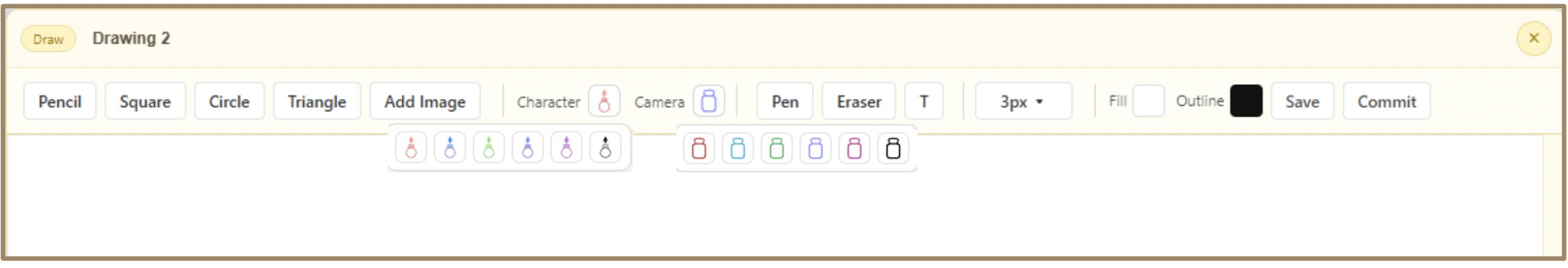 Character and Camera figurines placed on the canvas with color cycling options